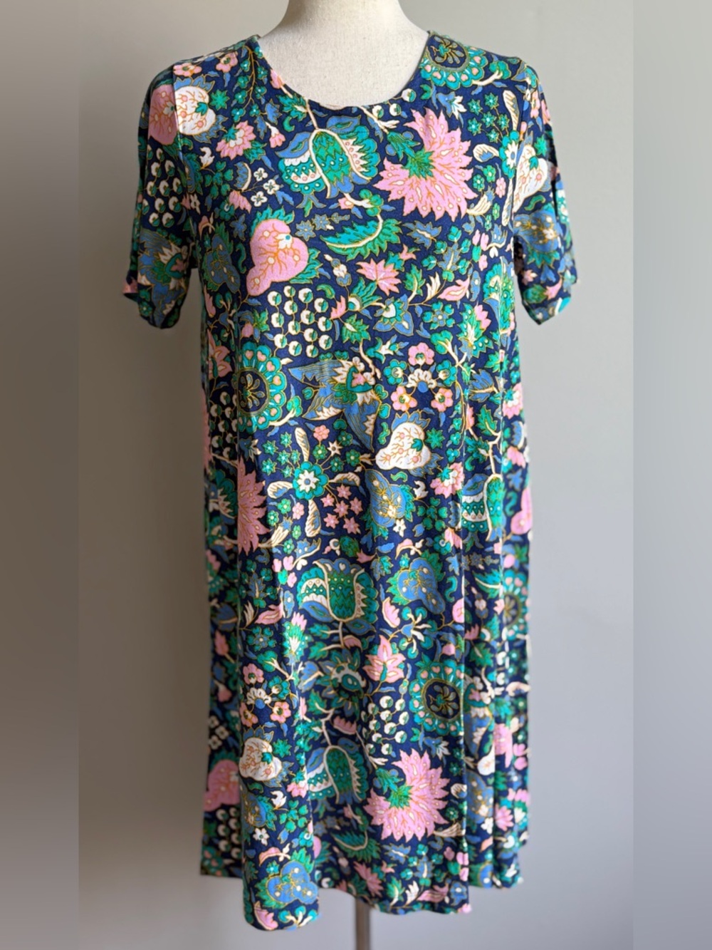 LOFT Navy Floral and Paisley Boho Swing Dress with Pink and Green Accents